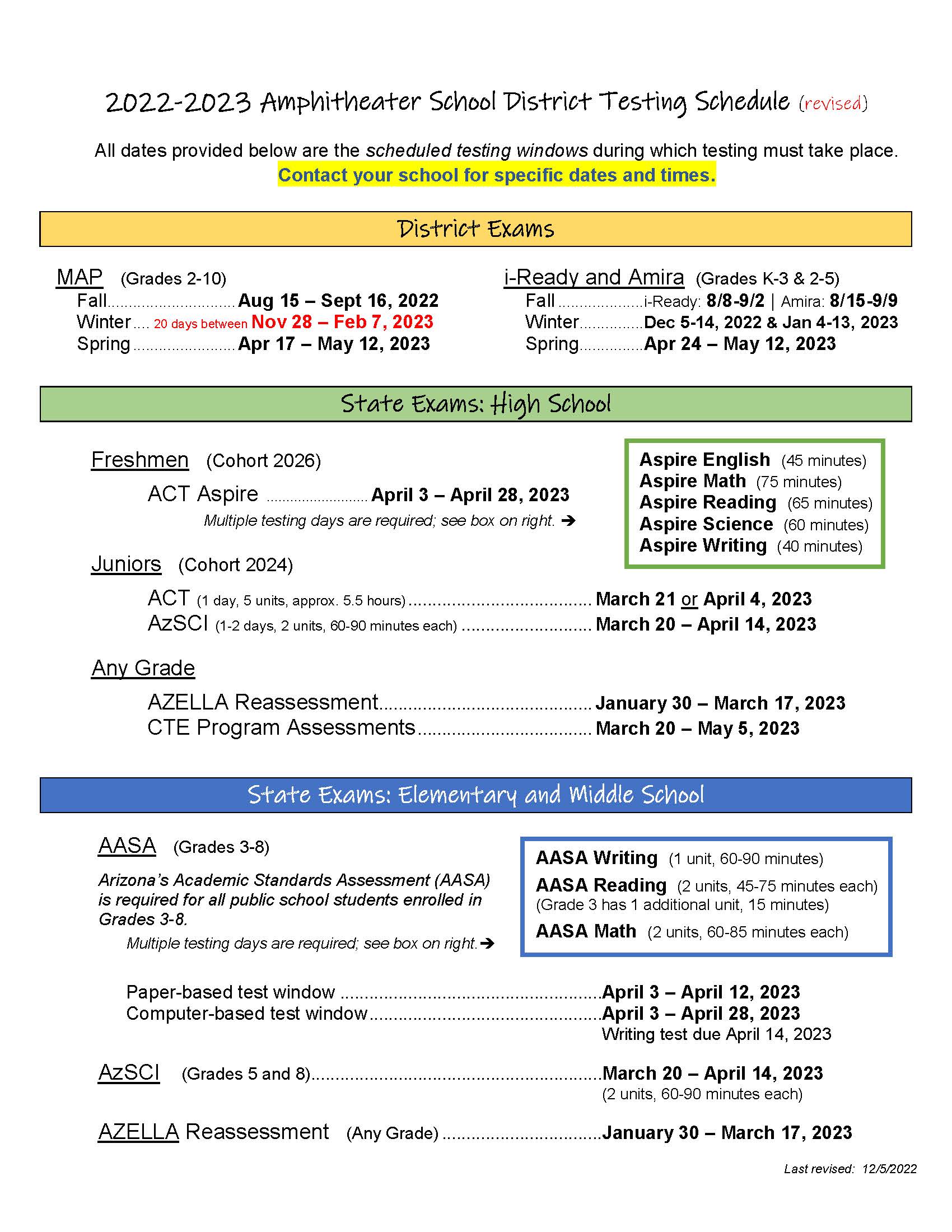 Testing/Assessments / Testing Schedule
